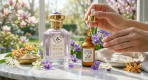 Two perfume bottles and essential oils showing how to layer violet scents with citrus for spring.
