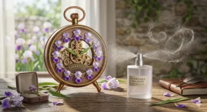 Illustration showing a clock and a perfume spray to represent the longevity of an affordable iris scent.