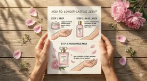 A graphic explaining how to layer peony perfume with floral lotion for better summer longevity.