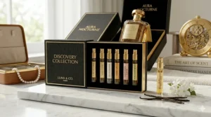A luxury perfume discovery set with small glass vials, suggesting a way to test if high-end scents are worth it.