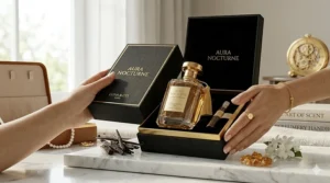 An elegant unboxing of a luxury perfume featuring embossed ribbons and premium velvet-lined packaging.
