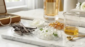 Close-up of raw luxury perfume ingredients like Madagascan vanilla and Grasse jasmine, highlighting premium composition.