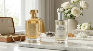 A side-by-side visual comparison of a luxury perfume bottle and a standard fragrance to illustrate differences in packaging and oil concentration.