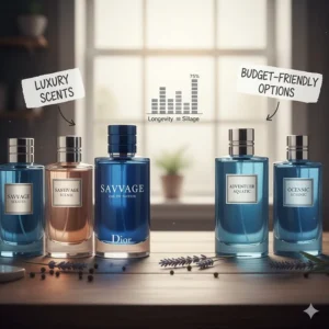 High-quality bottles of luxury scents next to budget-friendly Dior Sauvage alternative options.