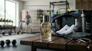 A photorealistic illustration of a man's gym bag essentials checklist, featuring 'ACTIVE RUSH' cologne, a shaker bottle, and workout gear.
