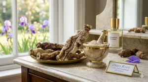 Close up of dried orris roots used to create the powdery scent in iris perfumes.