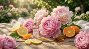 Artistic watercolor illustration of peonies and lemon slices representing a fresh summer scent profile.