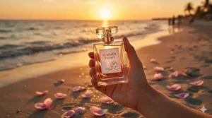 A bottle of peony perfume held against a sunset beach backdrop to represent summer evenings.