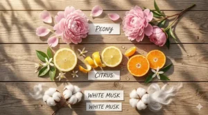 An infographic showing peony, citrus, and white musk notes for a summer fragrance.