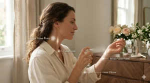 Diagram showing pulse points on a woman's neck and wrists for maximum perfume longevity.