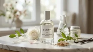 An illustrative checklist highlighting common irritants to avoid in fragrances, such as synthetic dyes and phthalates, for users with skin sensitivities.