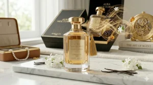 An artistic illustration of scent trails or "sillage" following a person, demonstrating the superior projection of expensive perfumes.