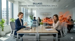 Diagram showing low sillage vs. high projection to demonstrate how to choose an office-appropriate perfume that stays within personal space.