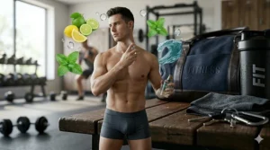 A photorealistic illustration of a man misting 'ACTIVE RUSH' gym cologne for men onto his neck post-shower in a sunlit locker room.