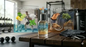 A photorealistic infographic illustration comparing Summer vs Winter gym cologne for men, visualizing light aquatic vs warm spicy scent profiles.