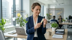 Infographic comparing seasonal fragrance notes for maintaining an office-appropriate perfume profile year-round.