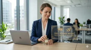 Illustration of sandalwood and cedarwood elements representing a sophisticated, woody office-appropriate perfume for men and women.