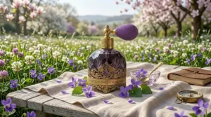 A bottle of violet perfume sitting on a picnic blanket in a blooming clover field under soft spring sunlight.