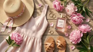 A summer fashion flat lay featuring a linen dress, straw hat, and peony-scented perfume.