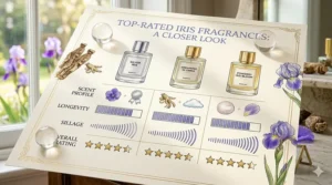 A comparison table of top-rated iris fragrances based on longevity and sillage.