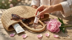 A small bottle of peony perfume tucked into a beach bag with sunglasses and sunscreen.