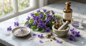 A flat lay of violet blooms and iris roots used in powdery spring floral perfumes.