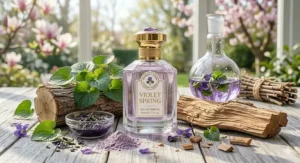 Green violet leaves resting on a piece of cedarwood, illustrating a woody-floral spring fragrance profile.
