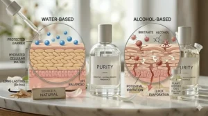An illustration showing the molecular difference between traditional alcohol-based scents and soothing water-based perfumes for reactive skin.