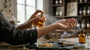 A person applying incense perfume to their wrist to demonstrate long-lasting fragrance wear.