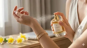 A woman applying a spray of plumeria perfume to her wrist for a long-lasting floral scent.