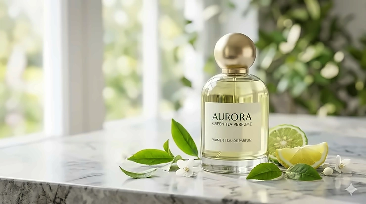 A high-end bottle of green tea perfume for women placed on a marble surface next to fresh tea leaves and jasmine flowers. green tea perfume women