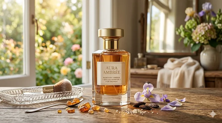 A high-end women's powdery amber perfume bottle on a sunlit rustic vanity surrounded by iris flowers and natural amber resin, illustrating fragrance notes. powdery amber perfume women