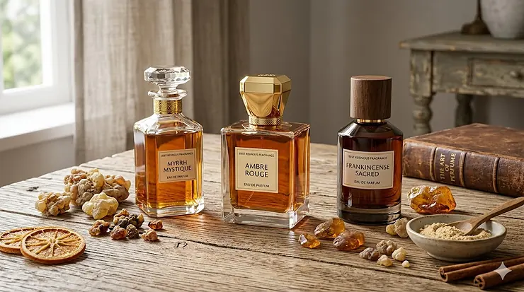 A collection of the best resinous fragrance bottles displayed on a rustic wooden surface with raw amber resin pieces.