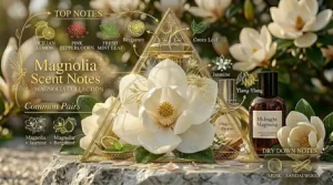 A macro close-up of a blooming white magnolia flower used as a key ingredient in floral perfumes.