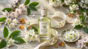 Top-down view of a perfume bottle surrounded by raw tea leaves, blossoms, and a silk ribbon.