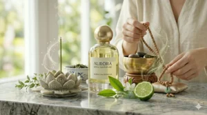 A row of various green tea perfume bottles for women ranging from citrus-infused to floral-tea blends.