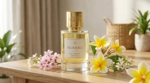 A collection of various plumeria-based fragrances ranging from eau de toilette to concentrated perfume oils.