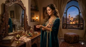 A photorealistic illustration of an elegant woman in a velvet evening gown applying exotic oriental perfume to her pulse points in an opulent dressing room at twilight.