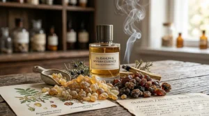 Raw frankincense resin and myrrh tears used as base notes in incense perfume.