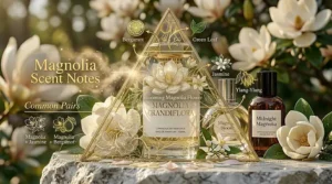 A woman spraying a fresh magnolia floral fragrance in a sunlit garden during spring.