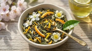 Bright citrus slices and fresh green tea leaves representing the top notes of green tea blossom perfume.