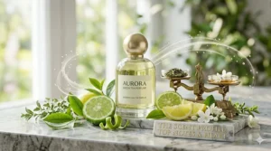 An artistic illustration showing the top notes of green tea perfume for women including bergamot, lemon zest, and crisp tea leaves.