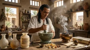 A vintage-style illustration showing the historical use of burning incense in ancient perfume rituals.