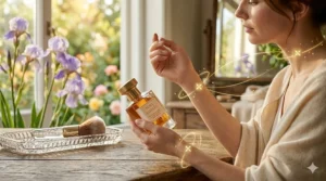 Diagram showing pulse points on a woman's wrist and neck for applying powdery amber perfume to maximize scent.