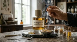 A close-up of a glass dropper bottle containing concentrated incense perfume oil.