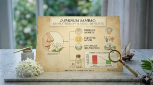 A graphic listing the calming and mood-lifting benefits of inhaling Jasmine Sambac fragrance.
