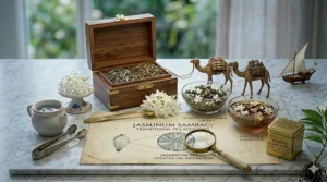 An illustration of Jasmine Sambac flowers being used to scent traditional Arabian jasmine tea.