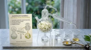 Diagram showing the steam distillation process used to create pure Jasmine Sambac fragrance oil.