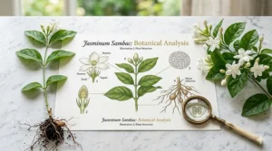 A detailed botanical illustration of the Jasminum sambac plant with its characteristic rounded green leaves.