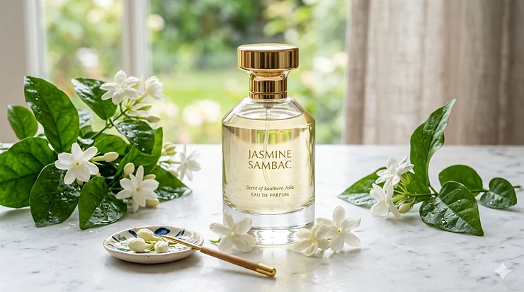 A luxury glass perfume bottle infused with fresh Jasmine Sambac flowers on a white marble surface. jasmine sambac fragrance